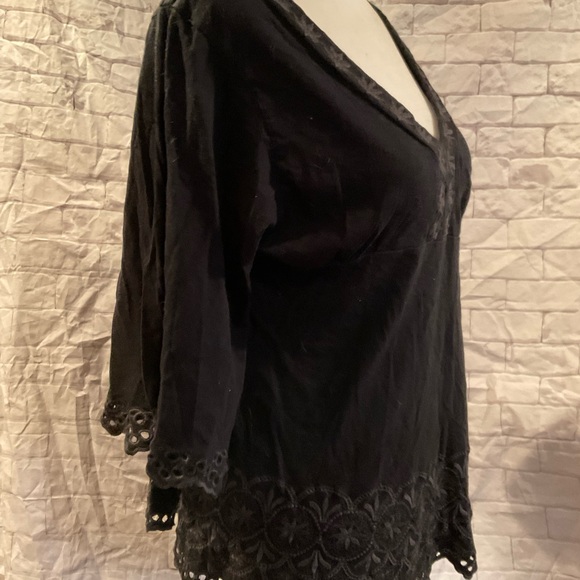 “BCBG” Black Embroidered and Open Work  3/4 Wide Sleeves Peasant Style Top. - Picture 3 of 15